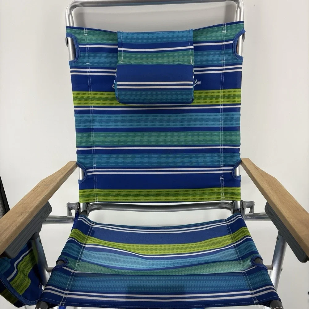 Tommy Bahama Deluxe Backpack Beach Chair Reclining Wood Arms Cooler Stripe